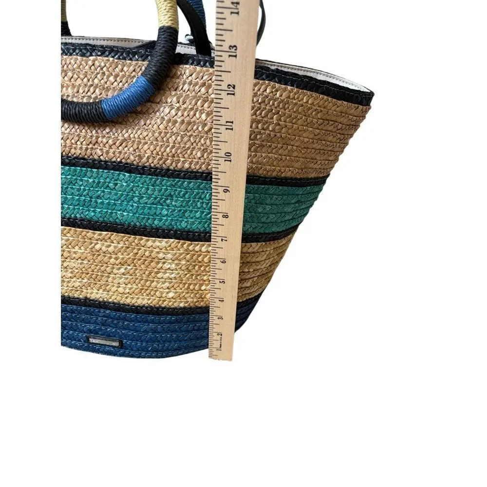 Rebecca Minkoff Woven Straw Tote Shoulder Bag Tan‎ Blue Teal